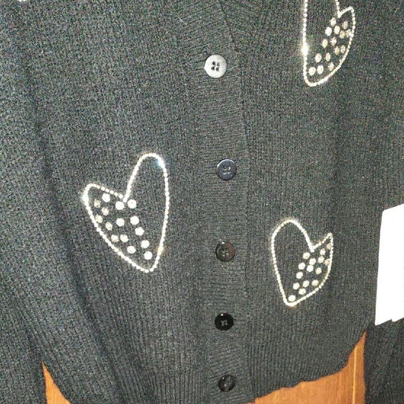 Black Long Sleeve Cardigan With Rhinestone Hearts - Picture 5 of 9